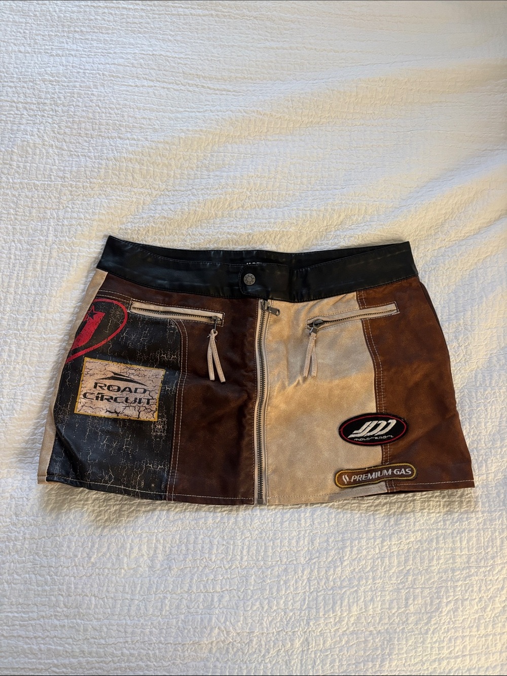 Patchwork Leather Mini Skirt with Racing Patches - Brown & Tan